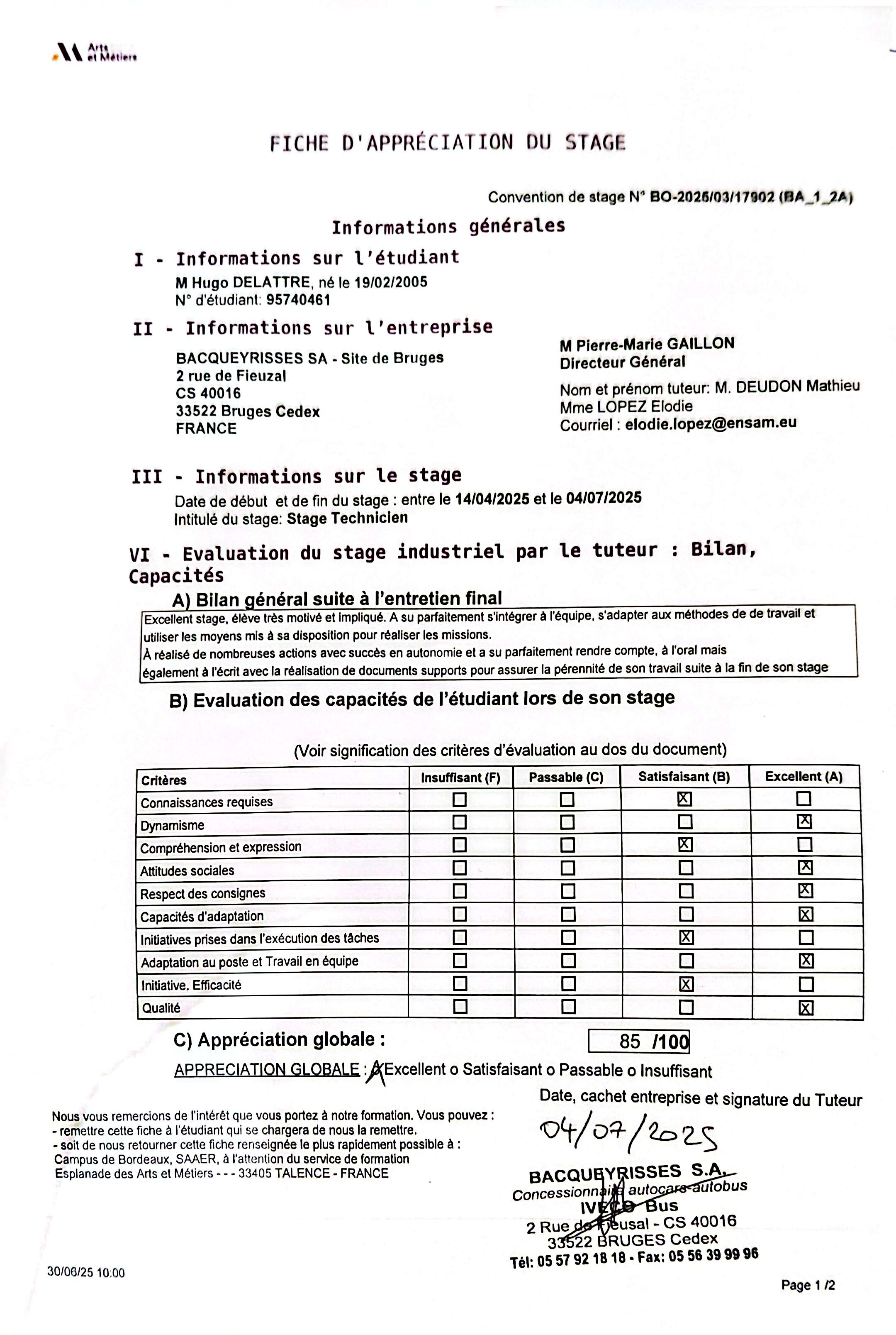 Fiche d'appréciation - Bacqueyrisses