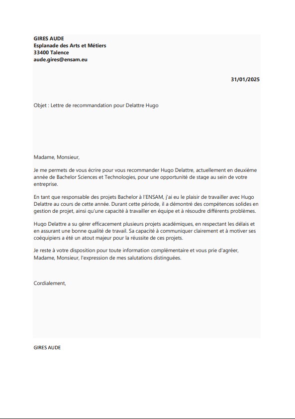 Lettre de recommandation - Madame Aude GIRES